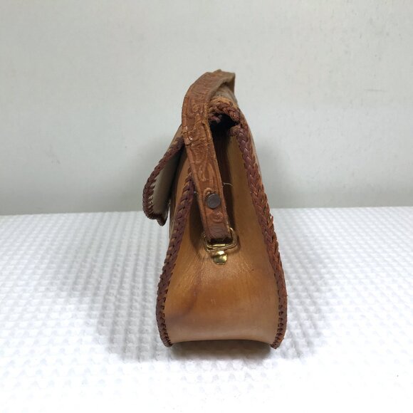 Vintage 70s Tooled Leather Shoulder Bag Hibiscus Floral - Picture 4 of 16